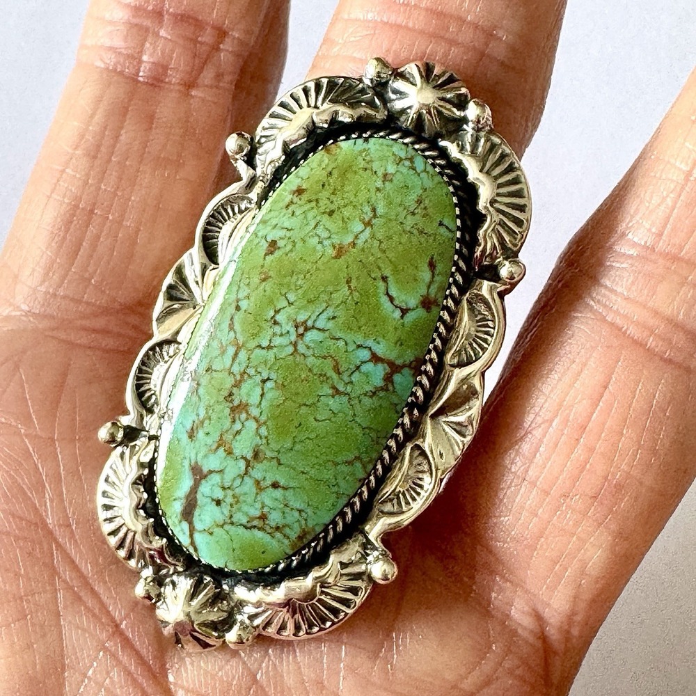 Number 8 Mine Turquoise Navajo Ring Sz 8 Sterling Delgarito Big Native American